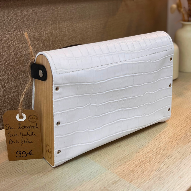 Sac en cuir et bois - Blanc croco
