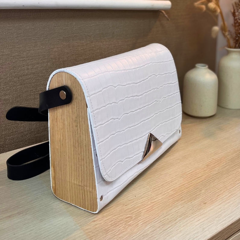 Sac en cuir et bois - Blanc croco