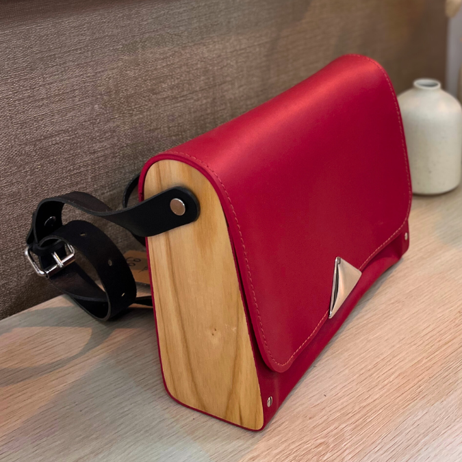 Sac en cuir et bois - Framboise