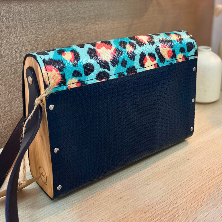 Sac en cuir et bois - Bleu marine & Léopard