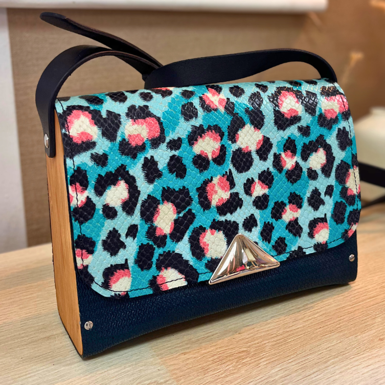 Sac en cuir et bois - Bleu marine &amp; Léopard