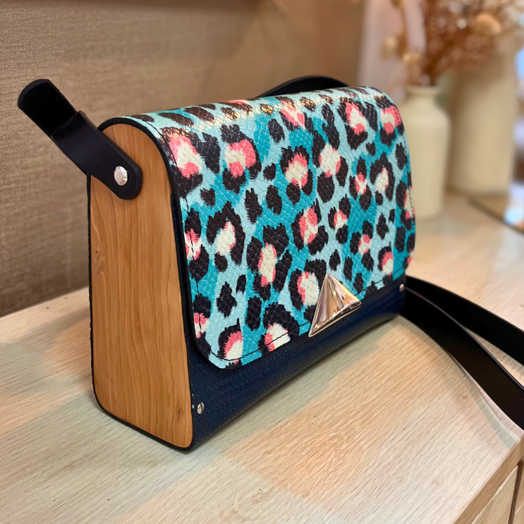 Sac en cuir et bois - Bleu marine &amp; Léopard