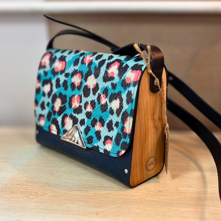 Sac en cuir et bois - Bleu marine & Léopard