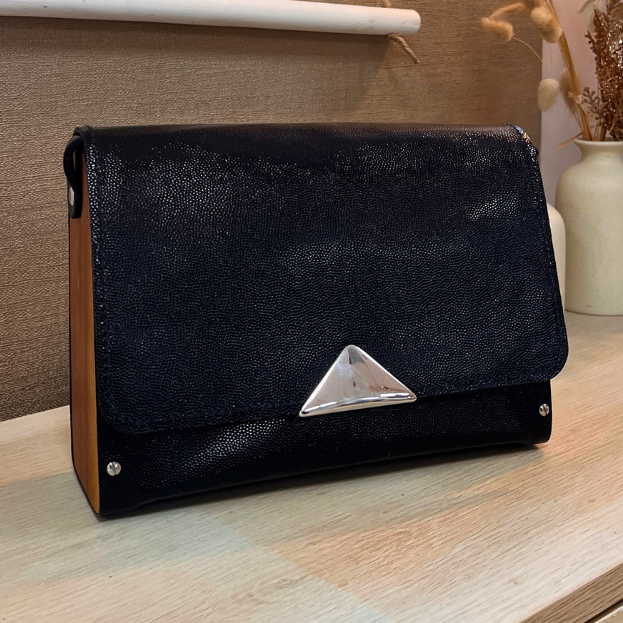 Sac en cuir et bois - Noir brillant