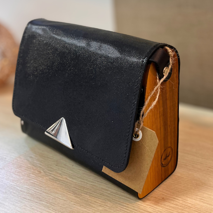 Sac en cuir et bois - Noir brillant