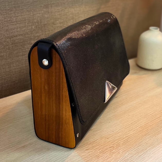 Sac en cuir et bois - Noir brillant